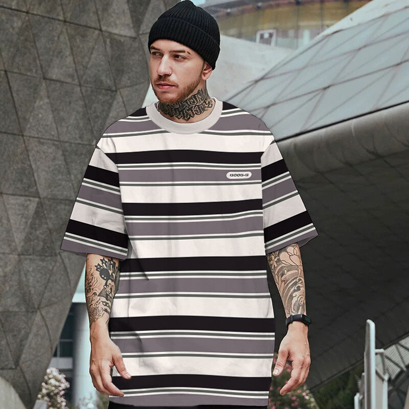 New Mens T-Shirt Tops Striped Tide Clothing Loose Oversized Round Neck Fashion T Shirt Casual Street Summer 5xl