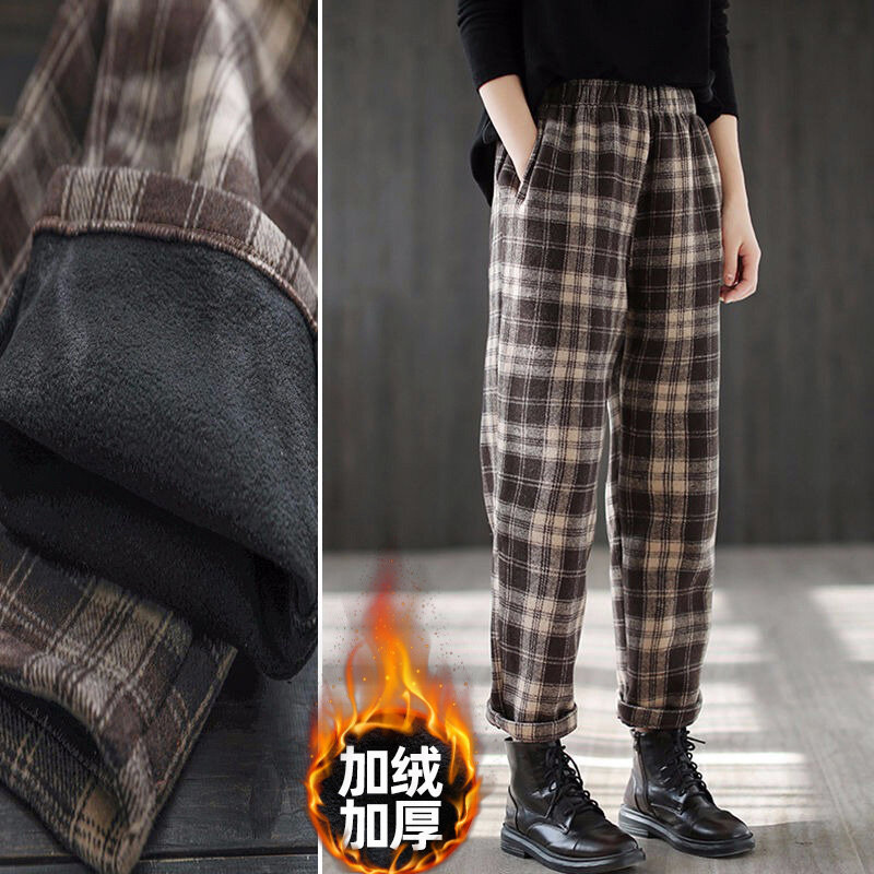 Women Fleece Lined Woolden Pants 2024 Korean Fashion Plaid High Waist Winter Swetapants Snow Wear Thick Casual Ankle-Length Pant