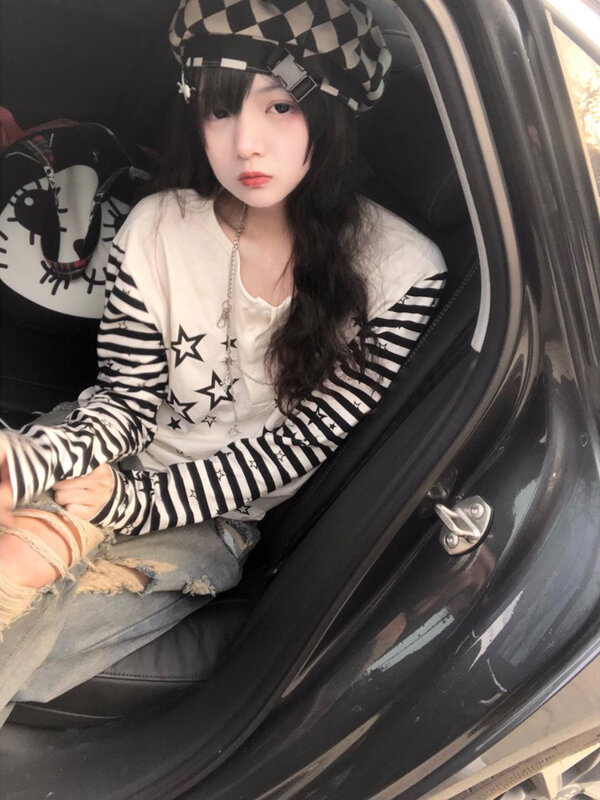 Harajuku Women Streetwear Long Sleeve T Shirts Punk Star Print Casual Striped T Shirt Japanese Y2k Aesthetic Grunge Tee