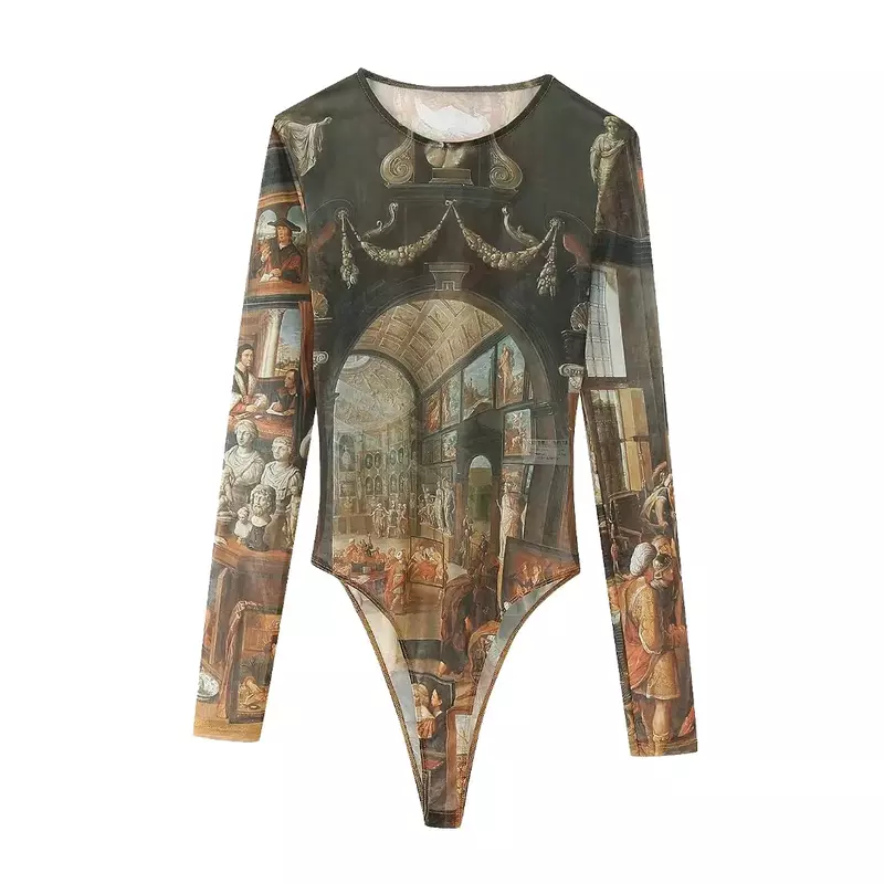2023 Women Rompers Bodysuits Fashion Printed One-Piece Sexy Club Outfits O-Neck Long Sleeve Body Tops