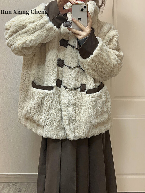 RUN XIANG CHENG-abrigo de piel y hierba de conejo Rex para mujer, combinación holgada y gruesa, estilo de piel, invierno, nuevo, envío gratis, 2023