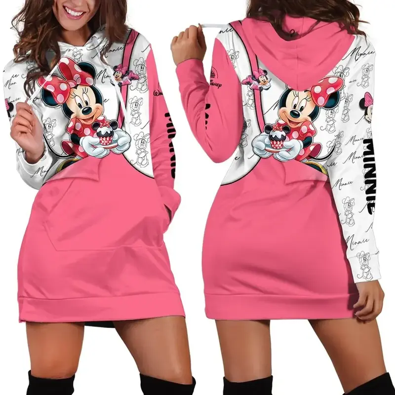 Lente Herfst Nieuwe Disney Minnie Hoodie Jurk Trui Mode Jurk Sweatshirt Jurk 3d Allover Print Y 2K Hoodie Voor Vrouwen