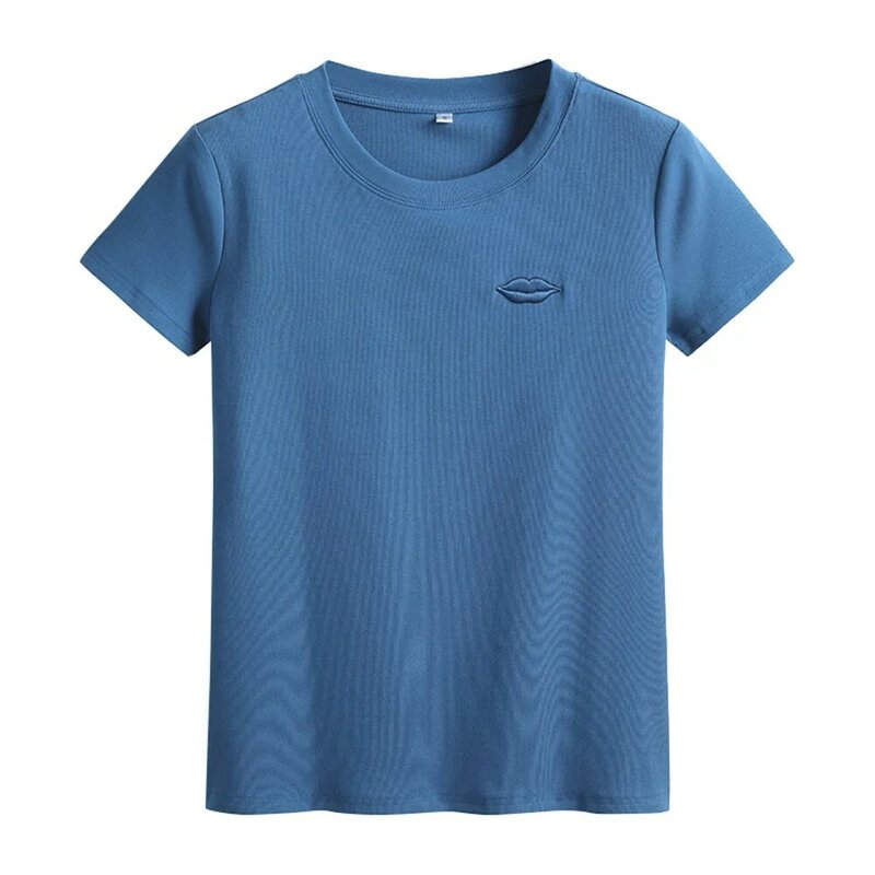 새로운 여성 짧은 소매 티셔츠 여름 패션 오넥 미세 자수 날씬한 티셔츠 상의 권위 있는 간단 기초적인 면 티셔츠