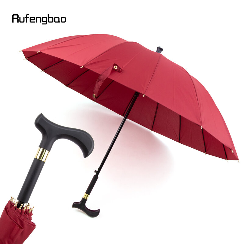 Payung tongkat tahan angin otomatis merah, payung gagang panjang diperbesar untuk hari cerah dan hujan tongkat berjalan Crosier 86cm