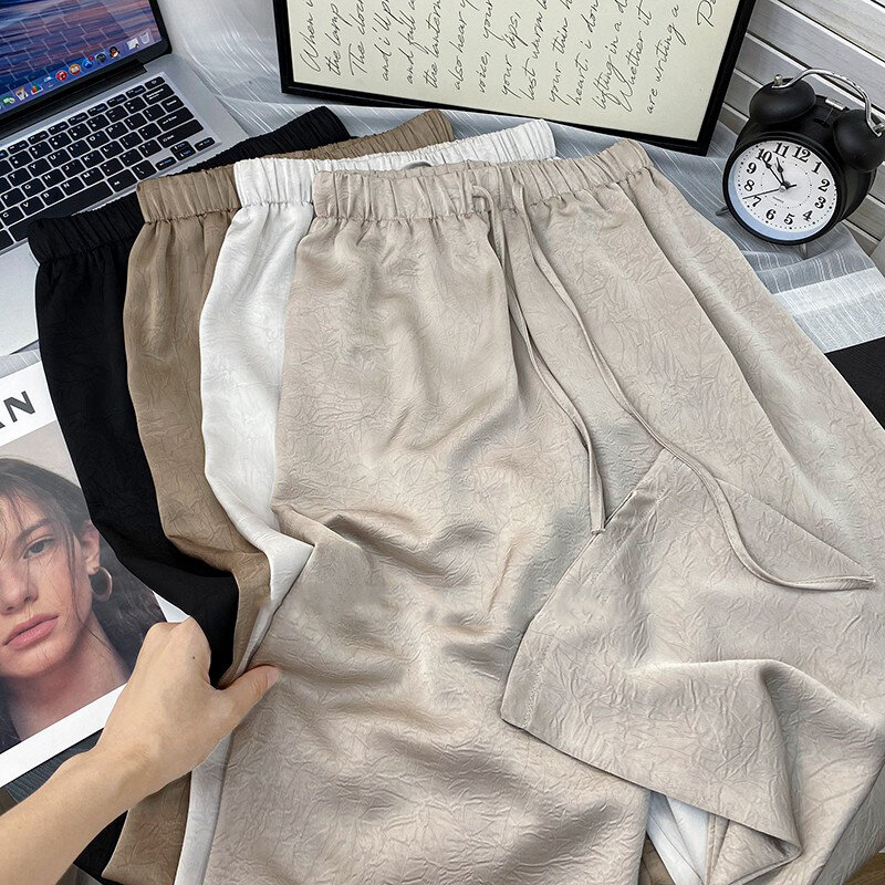 MEXZT-Pantalon large en satin pour femme, streetwear, élégant, coréen, taille haute, noir, baggy, pleine longueur, droit, été, fjgy