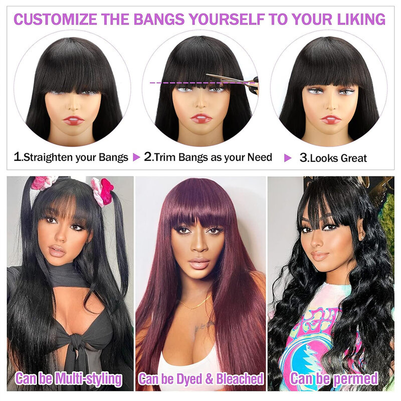 350 Density Glueless Wig Straight 13x6 HD Lace Front Wig With Bangs Preplucked 360 Full Lace Frontal Wig Human Hair HOTBABE