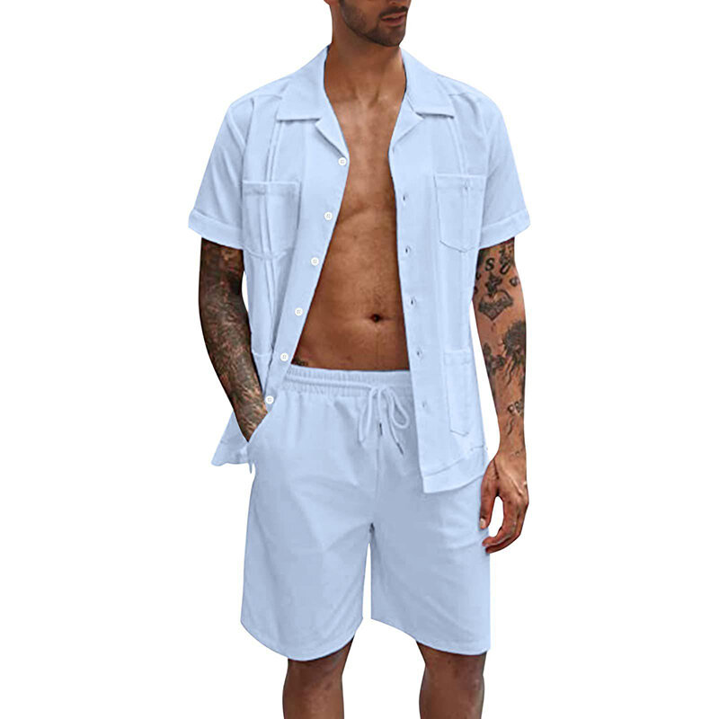 Herren hemd Shorts Anzug Sommer einfarbig Freizeit Revers Tasche Knopf Kurzarm Shorts Anzug Alltag Street Wear S-2XL