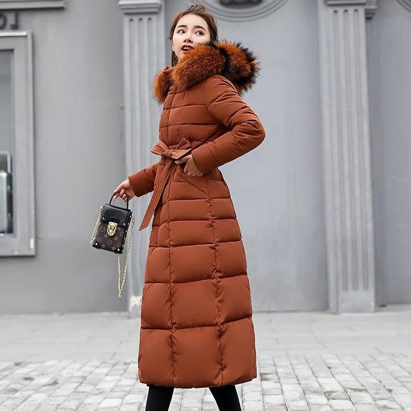 Jaket parka wanita bertudung, jaket musim dingin baru 2023, kerah bulu, mantel panjang empuk katun, pakaian luar hangat longgar Korea