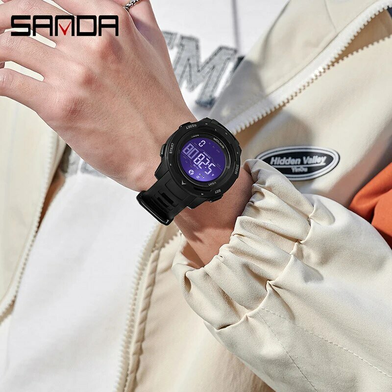 SANDA jam tangan olahraga pria, jam tangan LED Digital tahan air 50M Pedometer kalori 2145