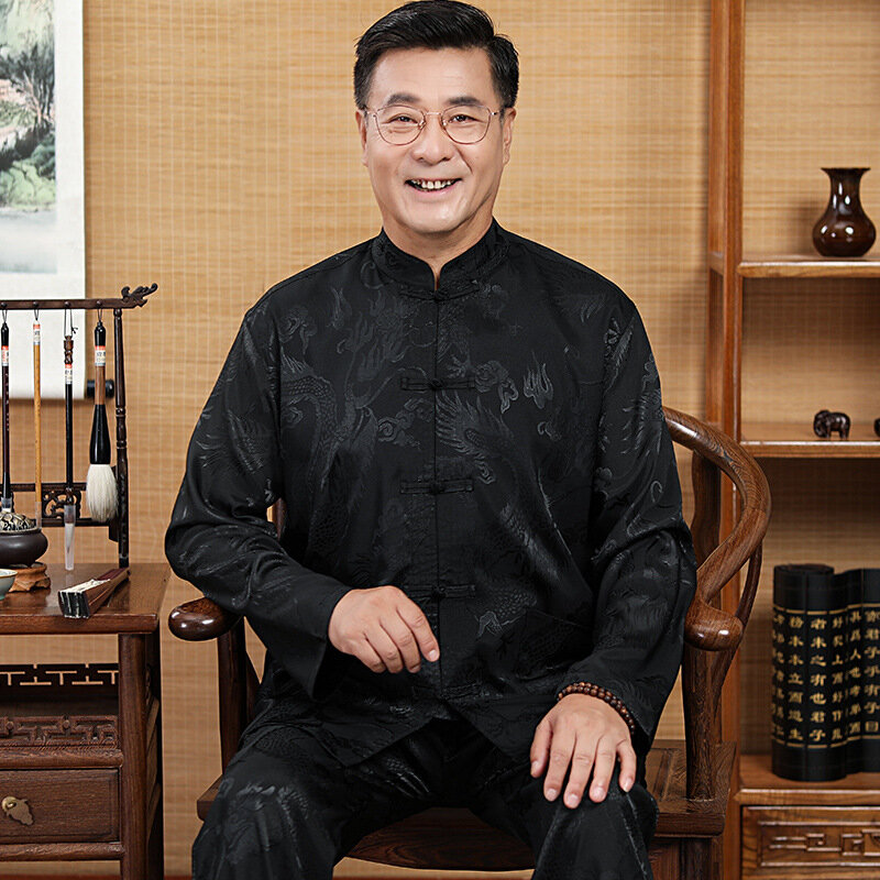 Лидер продаж, новый китайский традиционный Мужской Шелковый Атласный Костюм кунг-фу, костюм Тан, комплекты с жакетом с длинным рукавом и брюками, костюм дракона Ву Шу Тай Чи