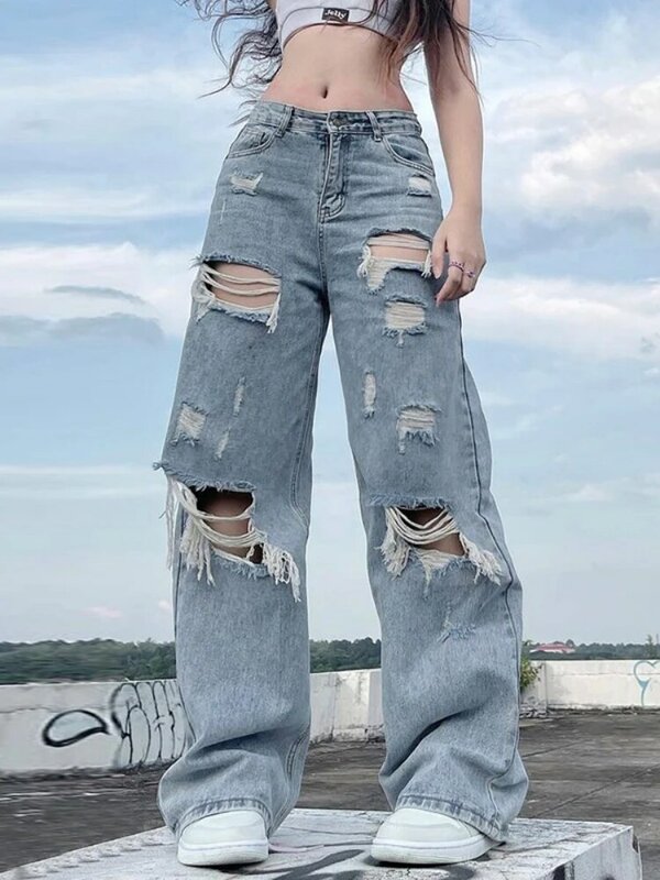 ผู้หญิง Ripped กางเกงยีนส์ Streetwear ตรงกลางกางเกงเอวหลวมกางเกงขากว้างกางเกงยีนส์ Y2K ฤดูร้อน Plus ขนาด High Street Jean