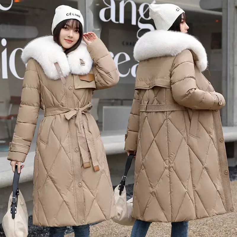 Parka acolchada de algodón con cuello de piel blanca para mujer, abrigo largo por encima de la rodilla, cintura cálida y gruesa, invierno, 2023