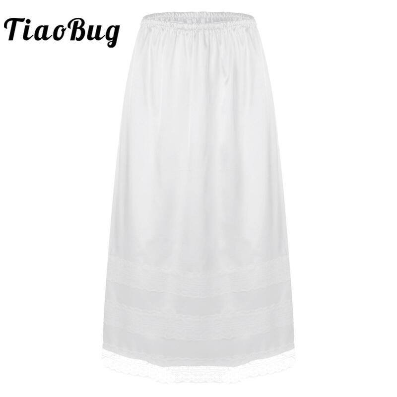 Womens Petticoat Half Slip Safety Long Underskirt Elastic Waist Lace Trim Single Layer Wedding Petticoats for Under Dresses