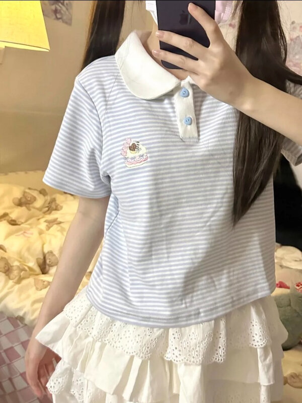HOUZHOU Kawaii Sweet Striped T Shirts Women Japanese Fashion Preppy Style Cartoon Embroidery Tees Tops Soft Gril Summer 2024 Y2k