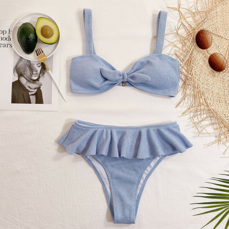 Bikini de punto con volantes para Mujer, traje de baño anudado Sexy, conjunto de Bikini para playa, color azul cielo, 2023