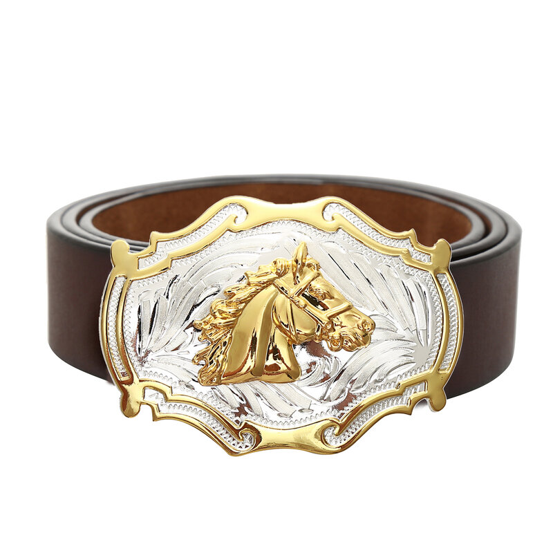 Westen – boucle de ceinture avec têtes de cheval de Cowboy en or pour homme, avec décoration de Jeans en cuir