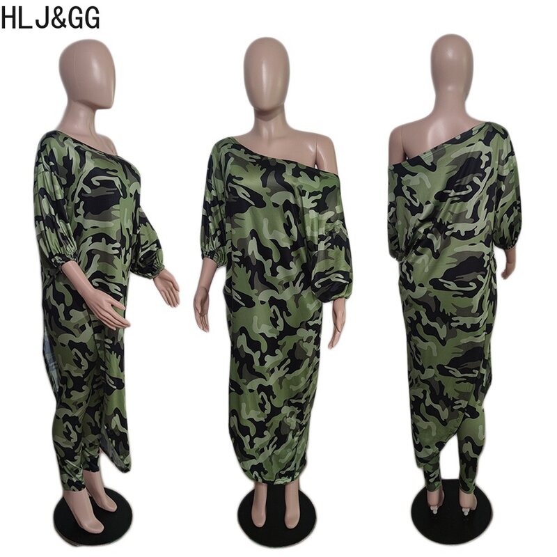 HLJ&GG Fashion Printing One Shoulder Loose Irregular Top And Skinny Pants Two Piece Sets Casual Female Matching 2pcs Outfit 2024