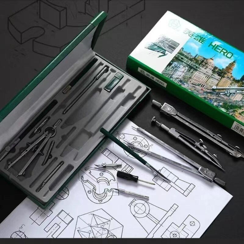 Lápis profissional e bússola conjunto, ferramenta de desenho, metal instrumento mecânico, papelaria escritório, 15pcs