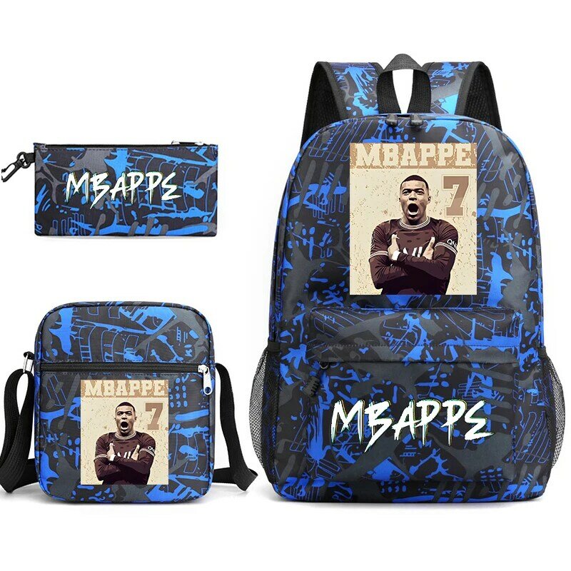Mbappe avatar print youth backpack set student school bag shoulder bag pencil case 3-piece set