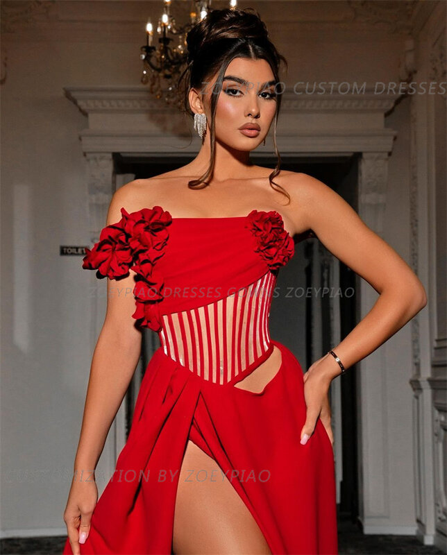 Vestido de noche de satén con corte en A para mujer, traje rojo de un hombro con abertura lateral, sin tirantes, sin mangas, con flores, 2024