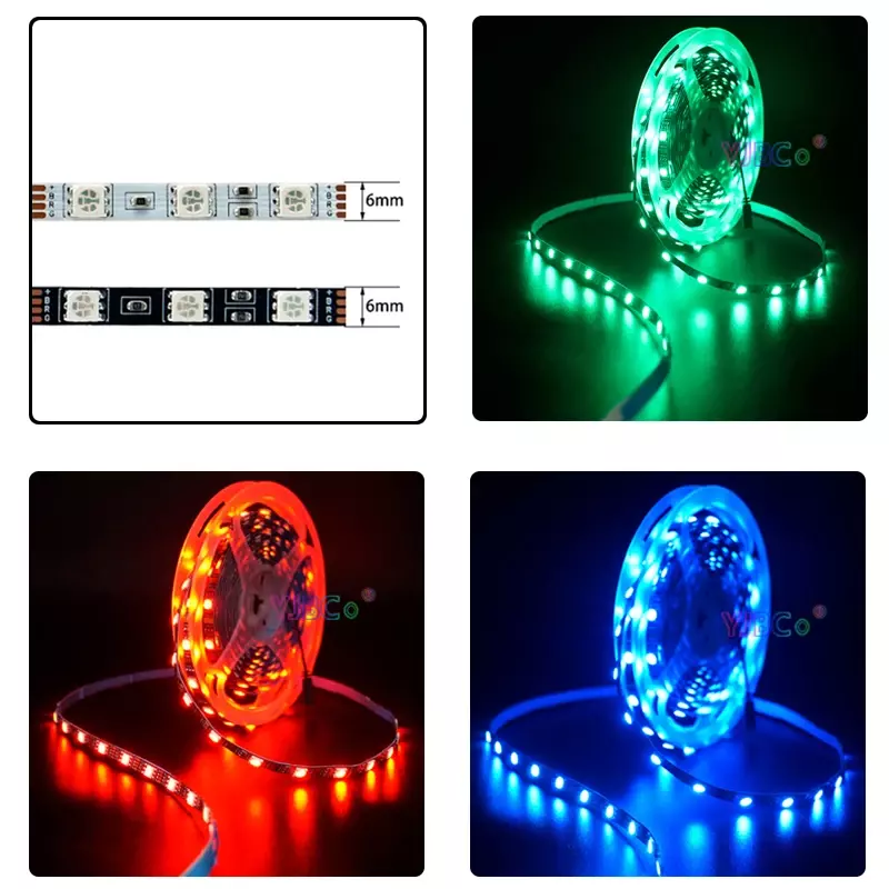 Bande lumineuse LED RGB SMD 5050, 12V DC, 5m, 60 gibles/m, côté étroit, 6mm de largeur, PCB blanc, flexible, non étanche, barre de lampe