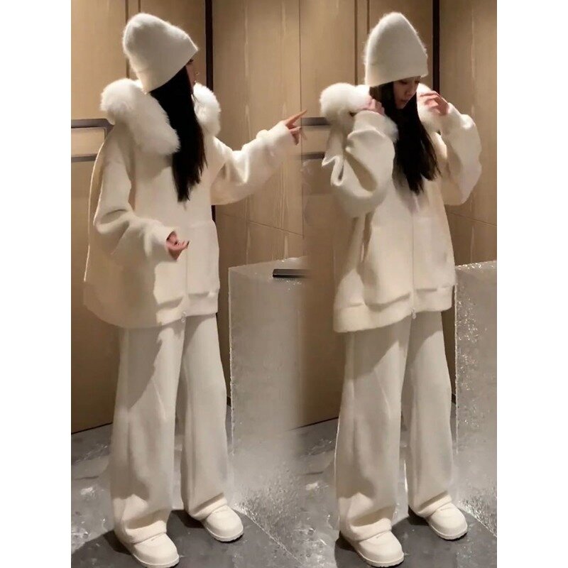 Autumn Winter Korean Version Fashion Add Fleece Thicken Fur Collar and Hat Coat Female Relaxation Plush Casual Pants Two-piece
