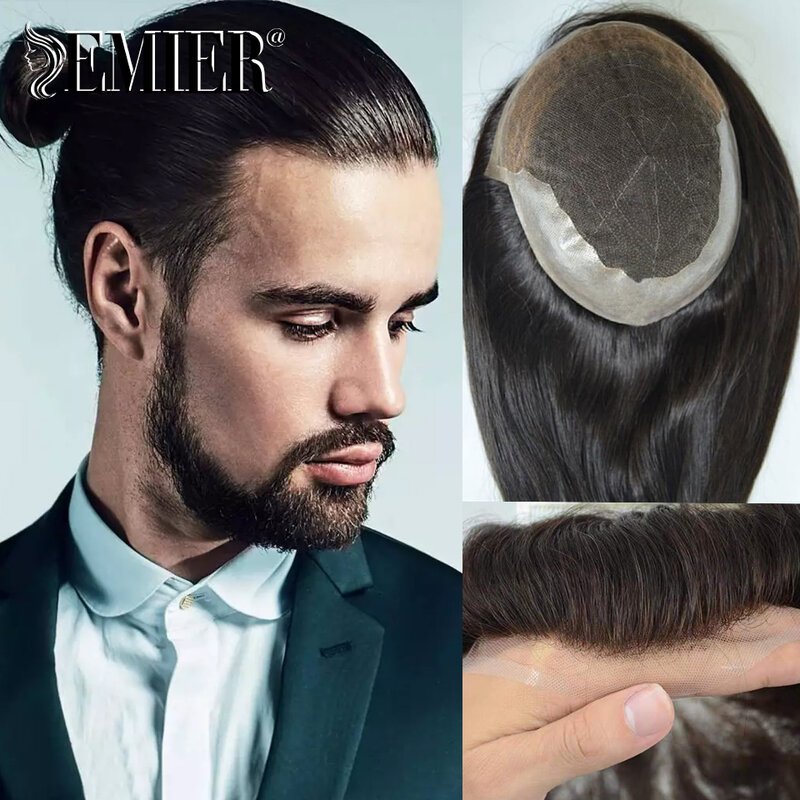 Peluca de tupé largo Q6 personalizada para hombres, encaje transpirable y Pu, prótesis capilar de cabello masculino, 100% cabello humano, Color Natural