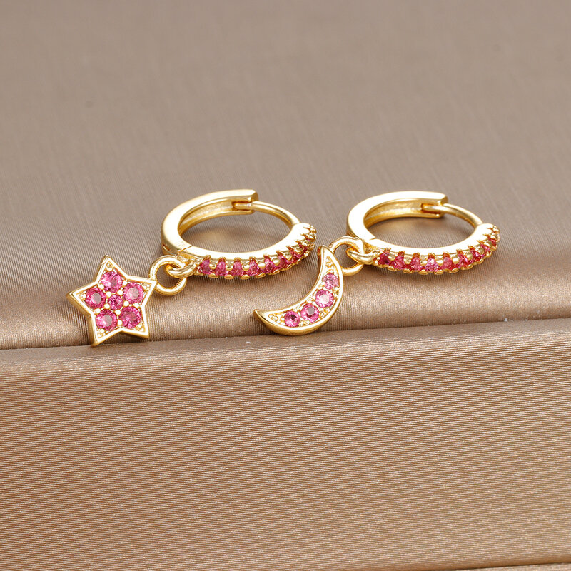 Pendientes de tuerca de acero inoxidable para mujer, Aretes de flor roja rosa, colgante geométrico, pendientes asimétricos de luna y estrella, joyería