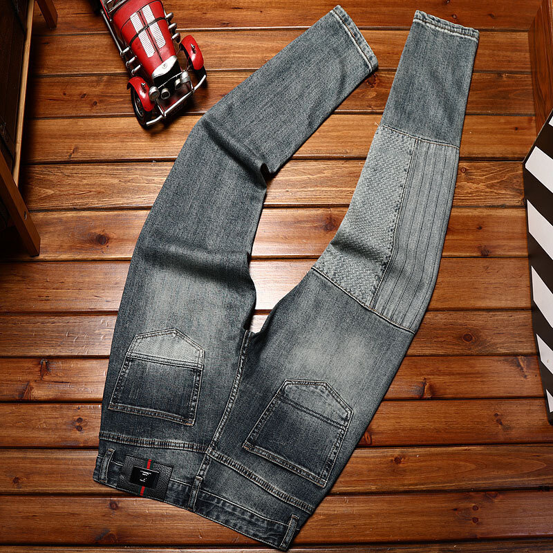 High-End Trendy Mode Color Contrast Motorfiets Skinny Broek Heren Stretch Slanke Blauwe Casual Wash-Out Vintage Heren Jeans