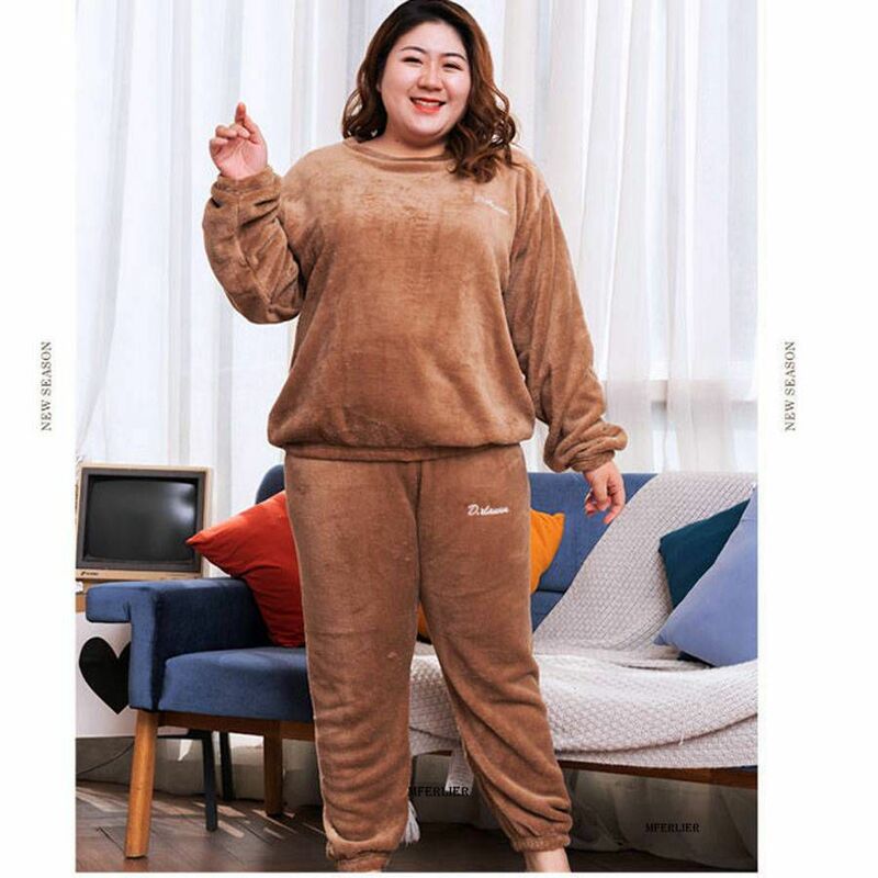 Plus Size 6XL 150kg Winter Warm Coral Fleece Pajamas Sets Long Sleeve Top and Pants Sleepwear Suit Home Women Female Sleepwear