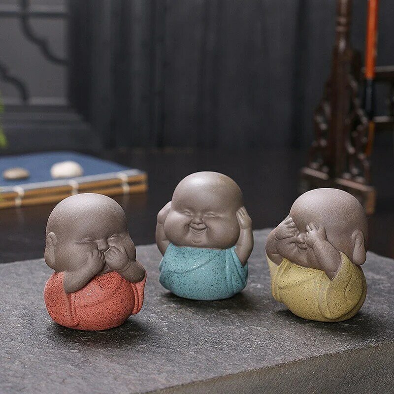Mini Statues de bouddha décoratives en céramique, Articles d'ameublement de moines, ne voit pas, ne dit pas, Sculpture de bouddha
