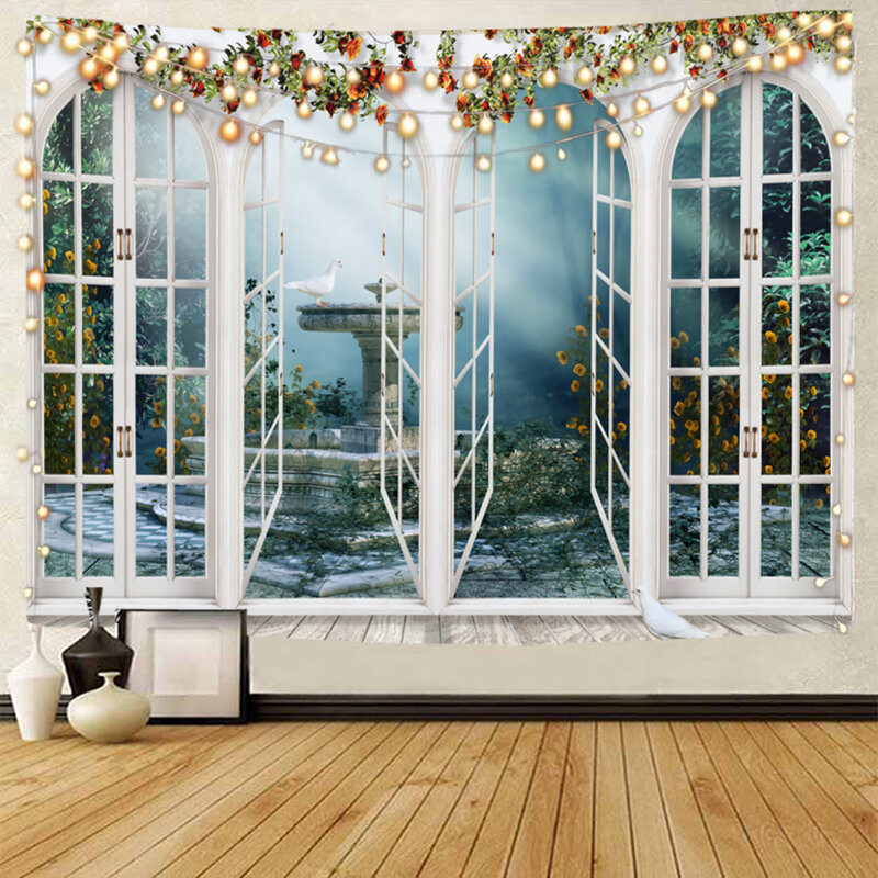 Cortinas de ventana hermosas, decoración de fondo escénico, tapiz, vista nocturna, decoración de luz de luna fuera de la ventana, tapiz