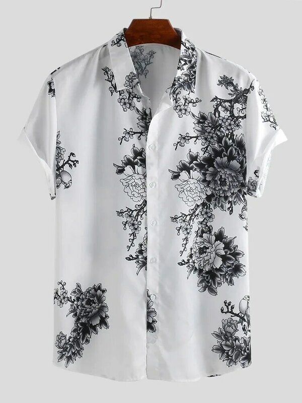 Camisa con estampado de flores de ciruelo para hombre, manga corta, solapa, estilo informal del sudeste asiático, europeo y americano, S-3XL