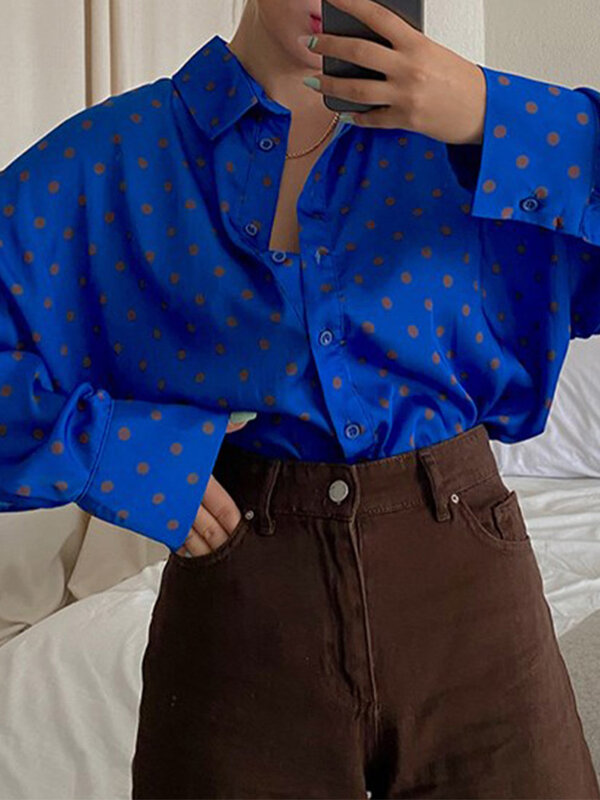 Женская офисная блузка в горошек, Повседневная винтажная рубашка с отложным воротником и длинным рукавом, весна 2022