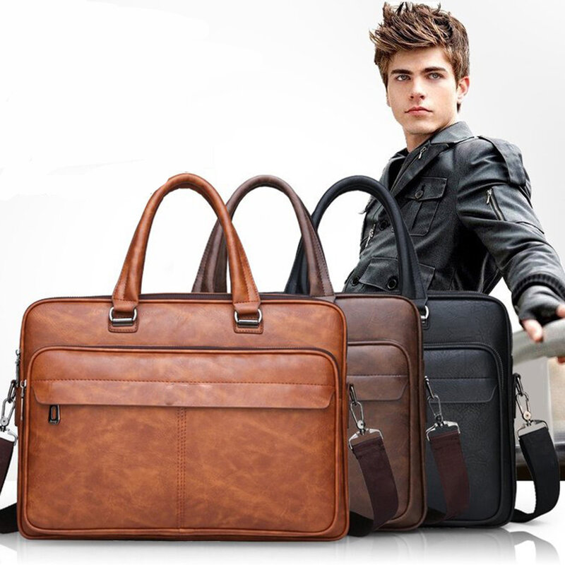 Tas Briefcase Kulit PU Vintage untuk Pria, Tas Eksekutif untuk Dokumen, Tas Bisnis Bahu Pria dengan Selempang untuk Laptop