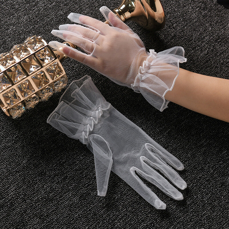 Guantes cortos de tul para mujer, mitones de encaje Sexy, guantes de dedo completo, guantes transparentes para conducir, guantes de novia para boda