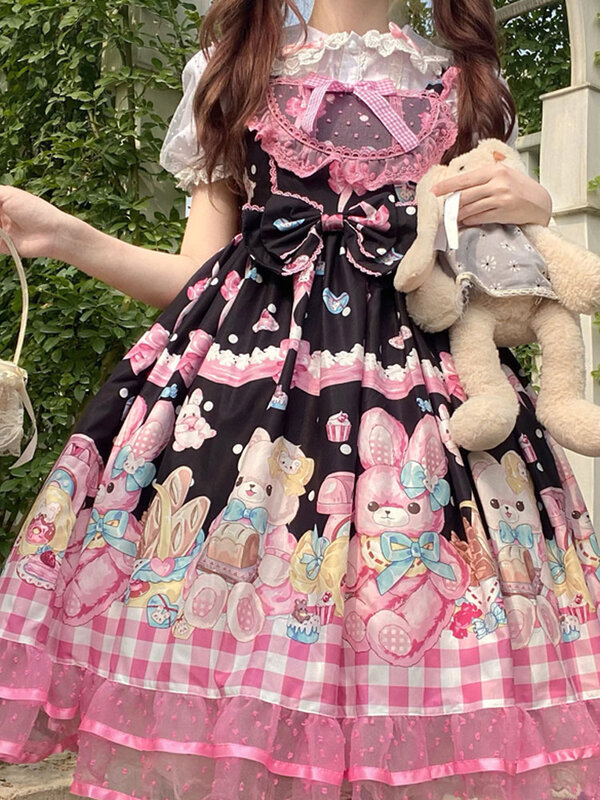 KIMOKOKM Lovely Kawaii Lolita Princess Style JSK Dress Square Collar Bow Rabbit Printing Ruffle Sleeveless Sweet Camisole Dress