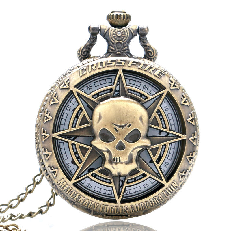 Gothic Vintage Hollow Out Skull Head Cover Unisex Pocket Watch Quartz Analog Display Arabic Number Sweater Long Chain Reloj