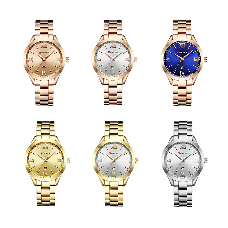 Модные женские кварцевые наручные часы CURREN, женские часы из нержавеющей стали, роскошные золотые часы, водонепроницаемые часы с браслетом