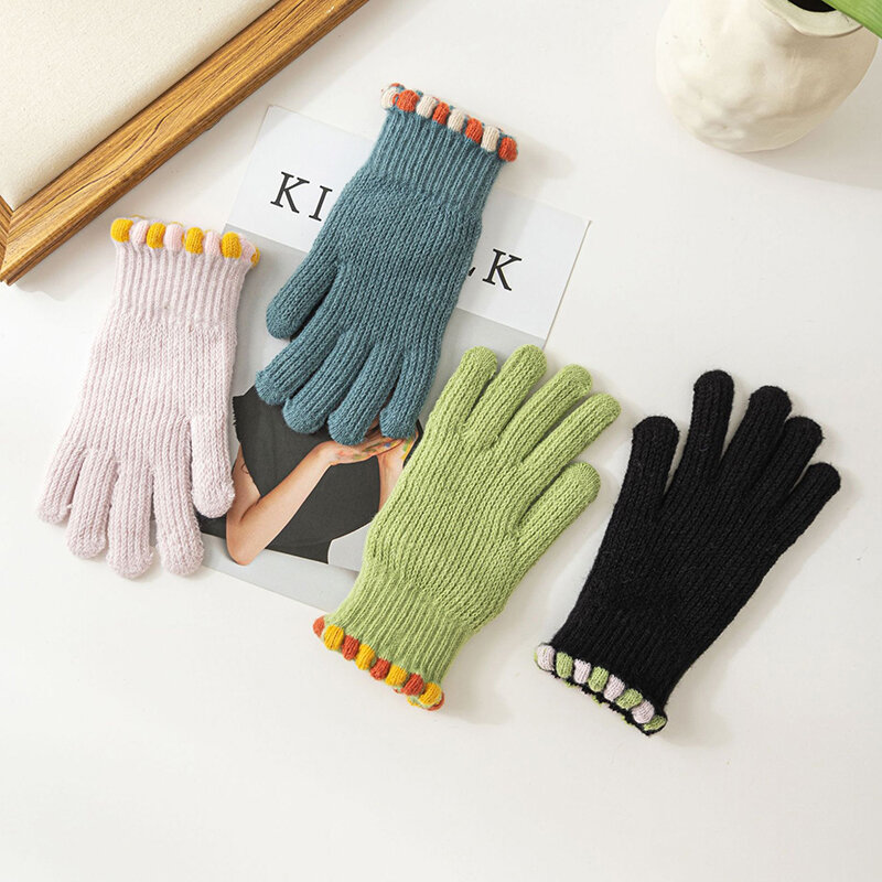 Luvas de malha monocromáticas para mulheres, crochê, tela sensível ao toque, grossa, quente, inverno, cinco dedos