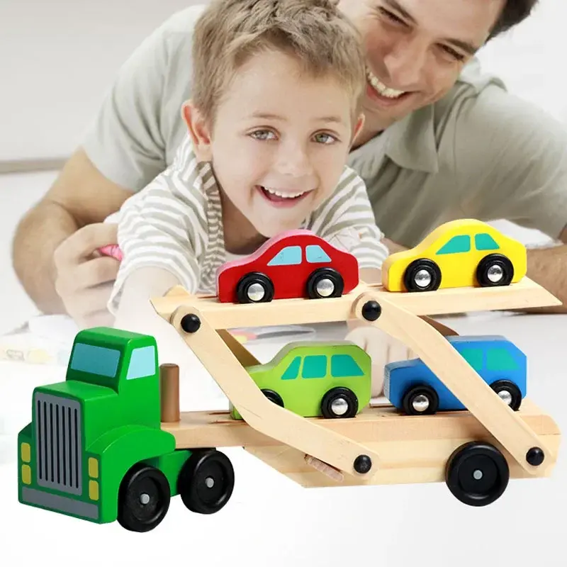 Modelo de carro reboque de madeira para crianças, brinquedo de caminhão DIY, brinquedos educativos precoces Diecasts, blocos de veículos coloridos, presente engraçado