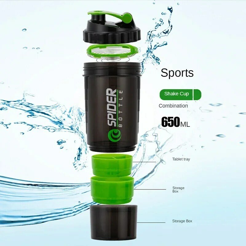 Botol pengocok Protein 3 tingkat, botol air kapasitas besar, botol air plastik pencampur binaraga, botol latihan Protein