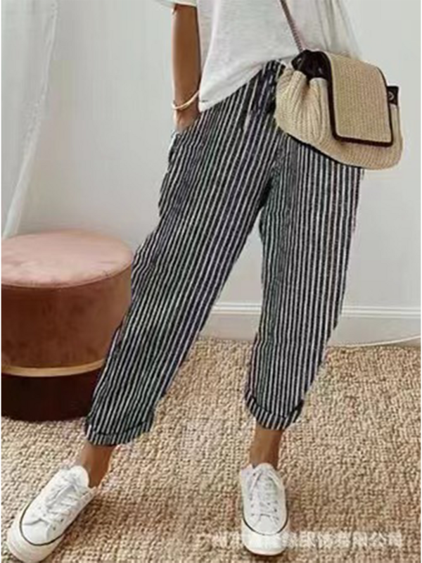 Pantalones de pierna ancha con estampado a rayas para mujer, Pantalón elástico ajustado con bolsillo, estilo viajero, verano, 2024
