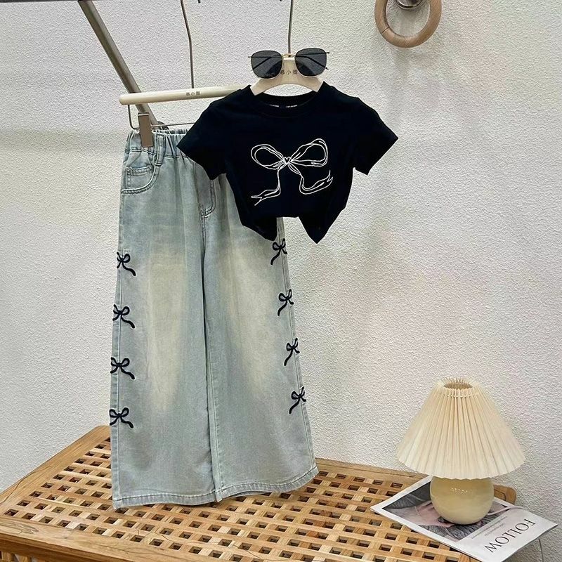 Комплекты одежды для девочек, летний корейский Тонкий комплект для девочек, детская джинсовая футболка с широкими штанинами, костюм из двух предметов