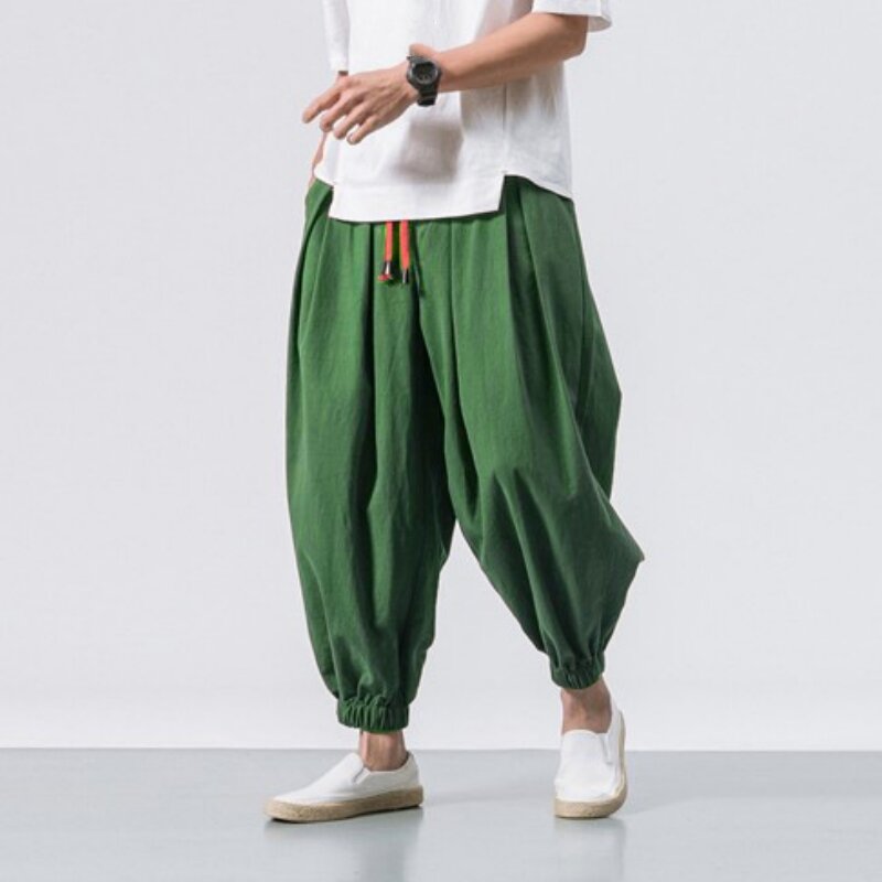 2024 New Summer Leisure Commuting Minimalist Fashion Loose Solid Color Middle Waist Pull Rope Youth Cropped Pants Men's Pants