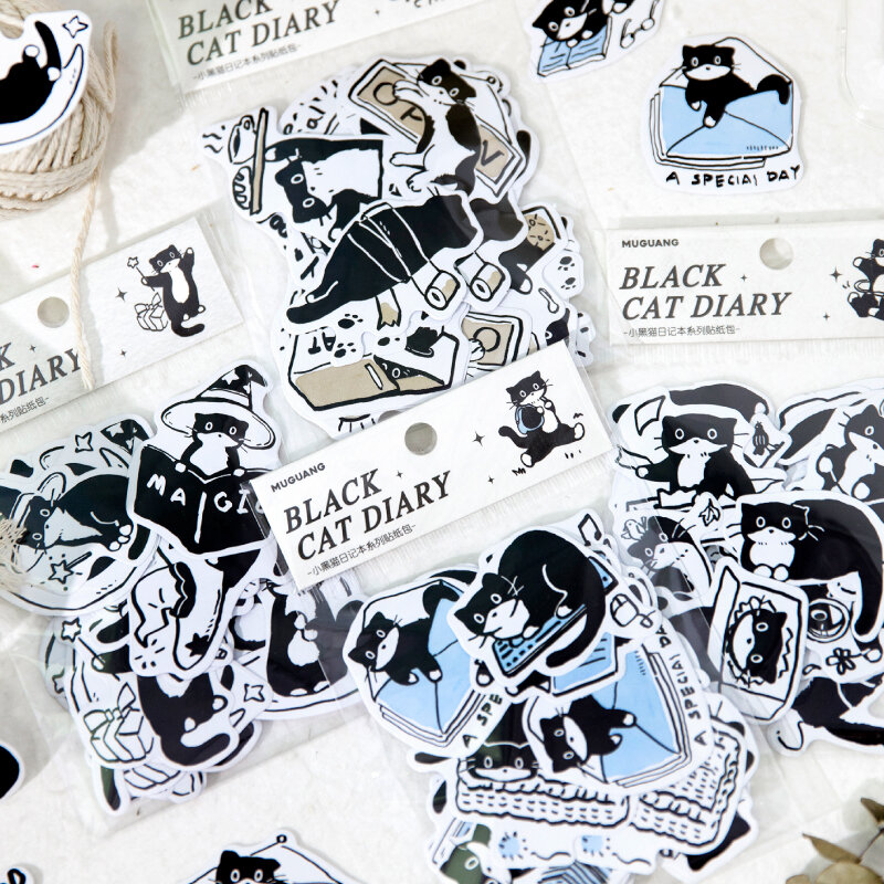 작은 검은 고양이 일기 시리즈 마커, 사진 앨범 장식, 아트 종이 스티커, 6 팩/로트