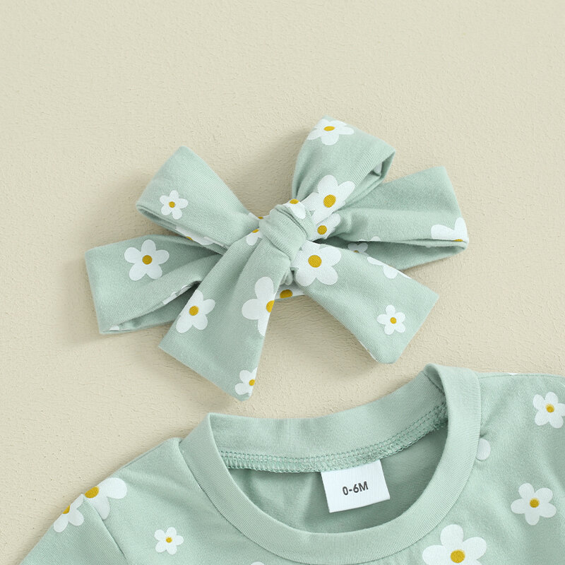 유아용 여름 반팔 티셔츠 및 반바지 머리띠 세트, 꽃무늬 프린트, 사랑스러운 옷, 3 피스 의상