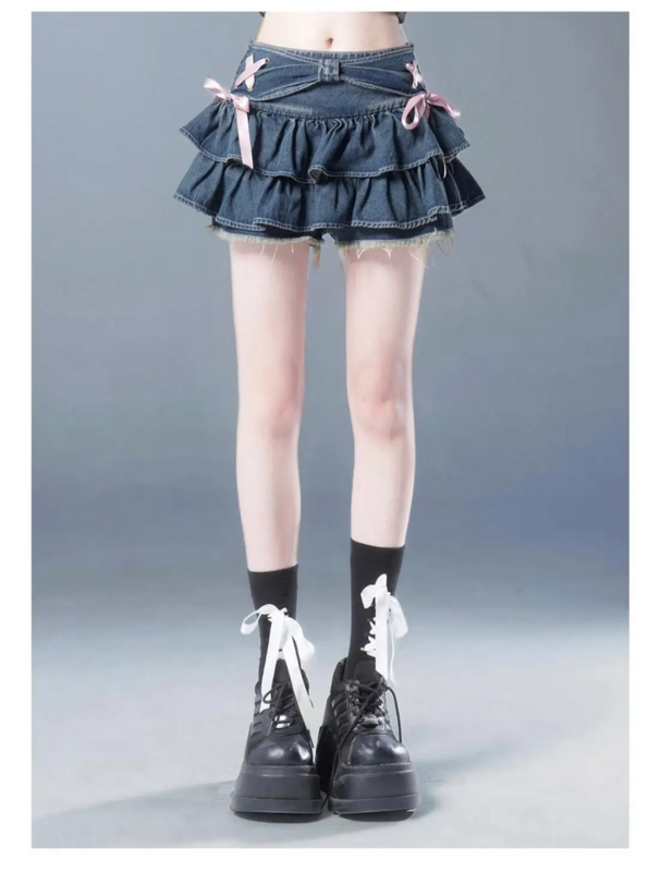 Новая модная женская популярная Милая винтажная одежда Kawaii с бантом Y2k, американская уличная одежда, сексуальная летняя трапециевидная Готическая мини-джинсовая юбка