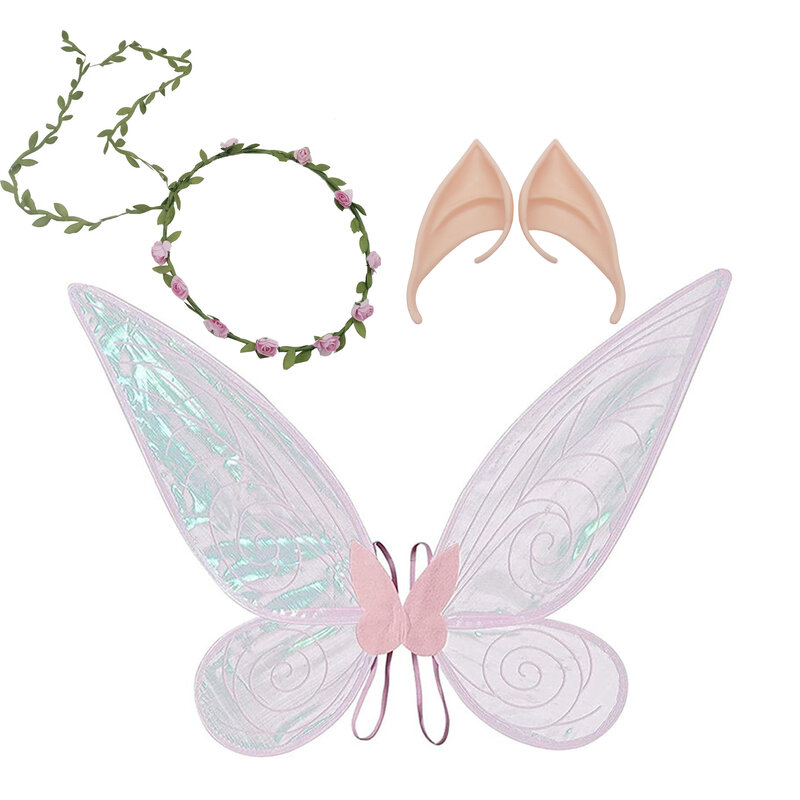 Kids Butterfly Fairy Wings Costume For Girls Floral Headband Elf Ears Angel Wing Halloween Cosplay Set