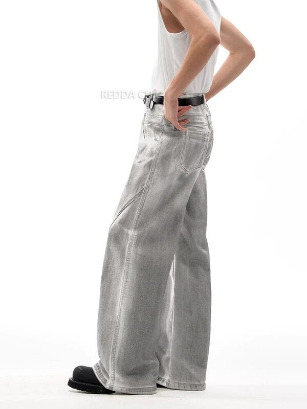 REDDACHIC-pantalones vaqueros holgados de pierna ancha para hombre, pantalones drapeados de cintura alta, ropa de calle Vintage Y2k, color gris